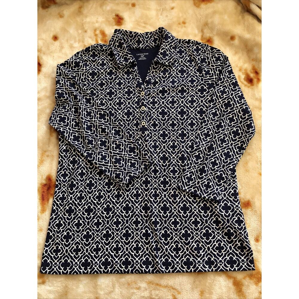 NWOT Lands' End Blue White Knit 3/4 Sleeve Polo 1/4 Button 100% Cotton XS/P